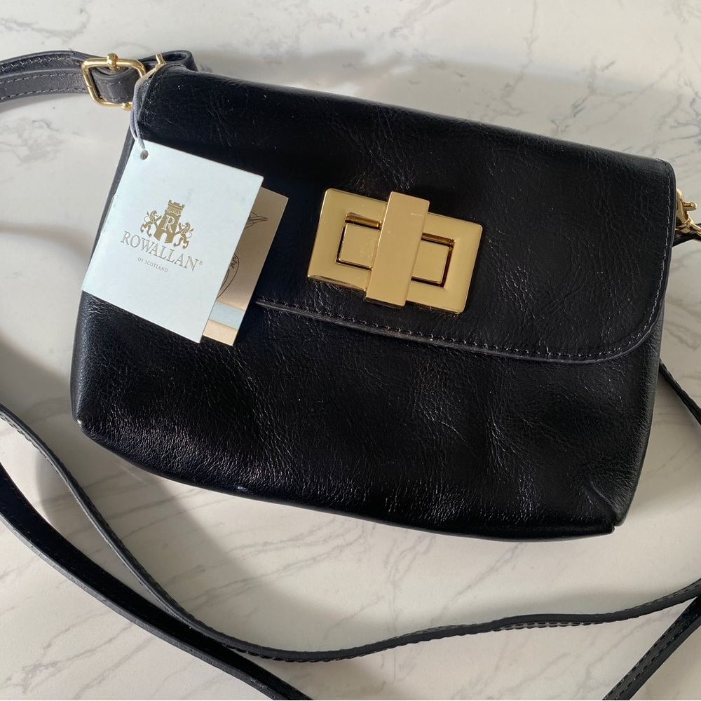 NWT Rowallan jaclyn Crossbody, black leather with gold accents